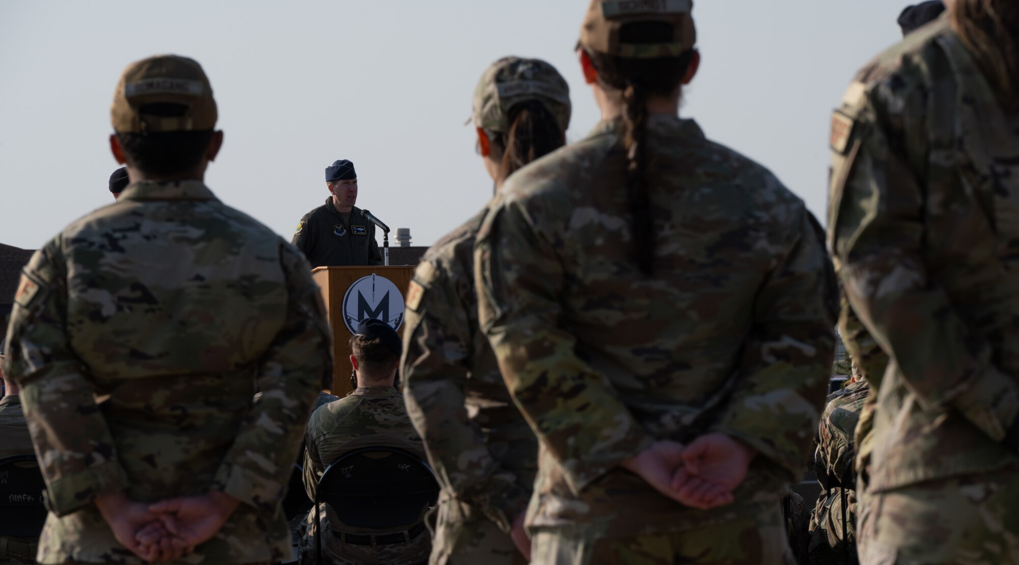U.S. Air Force Col. Daniel Hoadley, 5th Bomb Wing (5th BW) commander, delivers a speech during the 2024 National Police Week opening ceremony at Minot Air Force Base, North Dakota, May 13, 2024. National Police Week is geared towards honoring all fallen officers and defenders, including, U.S. Air Force Security Forces, U.S. Navy Military Police and the Office of Special Investigations. (U.S. Air Force photo by Airman 1st Class Alyssa Bankston)