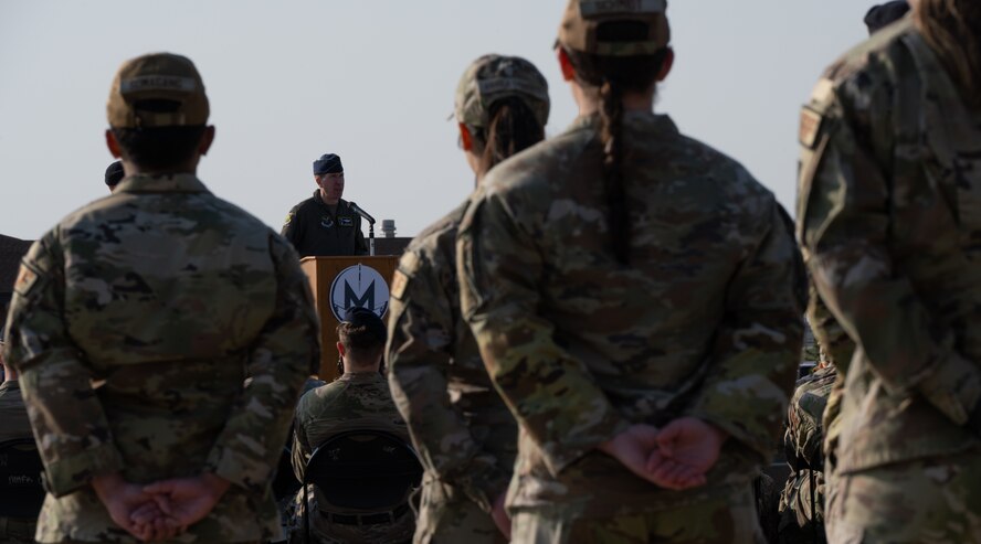 U.S. Air Force Col. Daniel Hoadley, 5th Bomb Wing (5th BW) commander, delivers a speech during the 2024 National Police Week opening ceremony at Minot Air Force Base, North Dakota, May 13, 2024. National Police Week is geared towards honoring all fallen officers and defenders, including, U.S. Air Force Security Forces, U.S. Navy Military Police and the Office of Special Investigations. (U.S. Air Force photo by Airman 1st Class Alyssa Bankston)