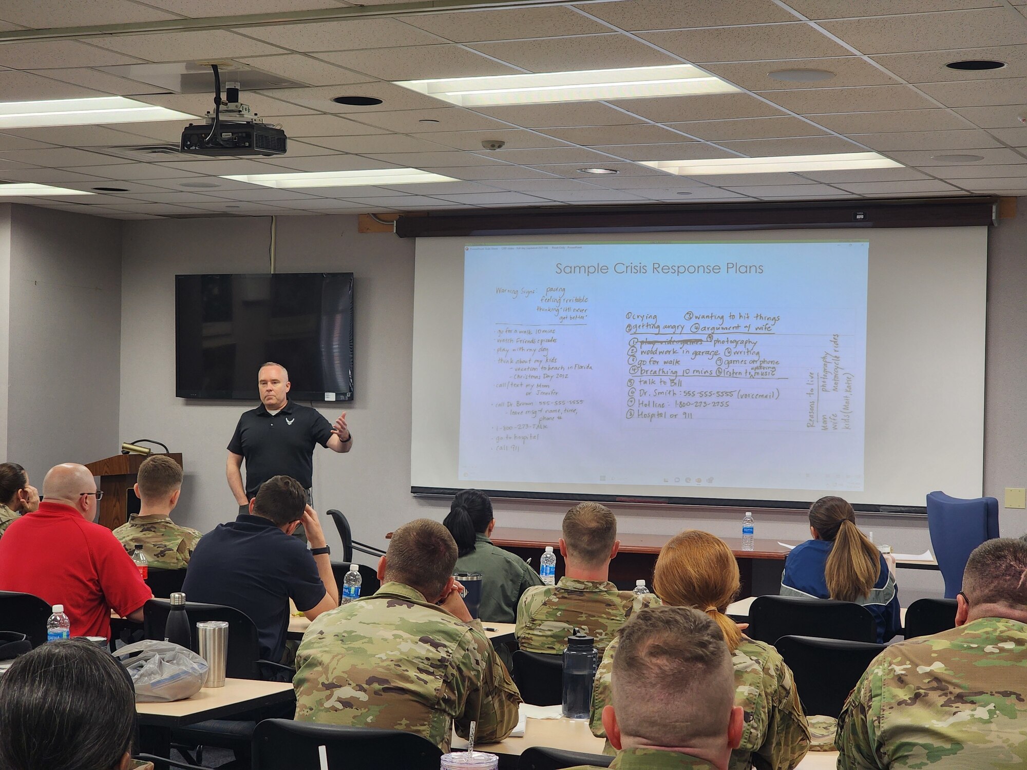 Dr. Craig Bryan, board-certified clinical psychologist with a long list of positions at The Ohio State University, mental health researcher and veteran, teaches the steps for helping someone create a crisis response plan at Youngstown Air Reserve Station, Ohio, May 3, 2024.