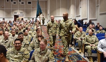 Lt. Gen. Sean A. Gainey, commanding general, U.S. Army Space and Missile Defense Command, conducts a town hall as he visits team members of USASMDC at Peterson Space Force Base, Colorado, shortly after taking command. (U.S. Army photo by Dottie White)