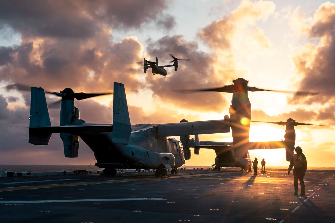 U.S. Marine Corps MV-22B Ospreys assigned to Marine Medium Tiltrotor Squadron (VMM) 165 (Reinforced), 15th Marine Expeditionary Unit, conduct deck landing qualifications  aboard the amphibious assault ship USS Boxer (LHD 4) in the Pacific Ocean April 5, 2024. VMM-165 (Rein.) is conducting deliberate, progressive training focused on the integration of MV-22s to the 15th MEU’s Marine Air-Ground Task Force as pilots and aircrews achieve proficiency. Elements of the 15th MEU are currently embarked aboard the Boxer Amphibious Ready Group conducting routine operations in U.S. 3rd Fleet. (U.S. Marine Corps photo by Cpl. Joseph Helms)