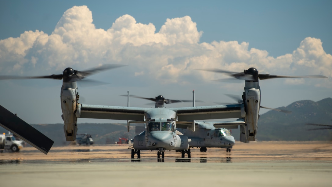 A U.S. Marine Corps MV-22B Osprey attached to Marine Medium Tiltrotor Squadron (VMM) 165 (Reinforced), 15th Marine Expeditionary Unit, taxis before flight at Marine Corps Air Station Miramar, California, March 20, 2024. The Marine Corps returned its MV-22s, including the 15th MEU’s, to flight status on March 8, 2024, following Naval Air Systems Command’s announcement that deemed the aircraft safe to fly. The Marine Corps’ three-phased approach begins with a focus on regaining basic flight currency, rebuilding unit instructor cadres, and achieving proficiency in core and basic skill training for pilots and aircrew. (U.S. Marine Corps photo by Cpl. Amelia Kang)
