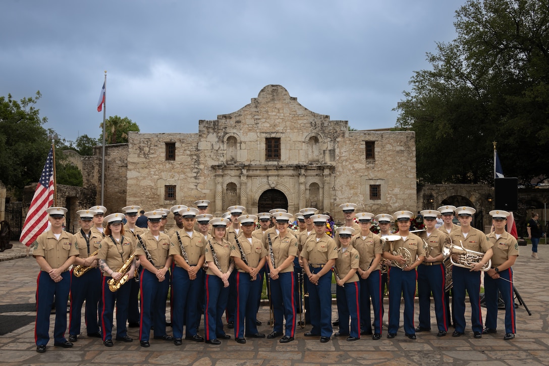 U.S. Marine Corps Musicians from Marine Forces Reserve Band performed outside the Alamo in support of Marine Day at the Alamo, San Antonio, Texas, April 24, 2024. This day gave Texans the chance to meet Marines and was one of many events during Fiesta which also included receptions, parades, pilgrimages, and memorials, supported by military representatives throughout the local area. (U.S. Marine Corps photo by Cpl. Matthew Lutz)