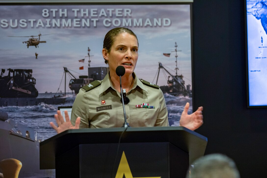 U.S. Army Col. Margaret L. McGunegle, commander of the 130th Engineer Brigade, speaks on the unique capabilities of the 130th Engineer Brigade during Land Forces Pacific Symposium 2024 Honolulu, Hawaii, May 15, 2024. LANPAC allows the military to highlight their vital role in the Pacific theater. (U.S. Army photo by Spc. Devin Davis)