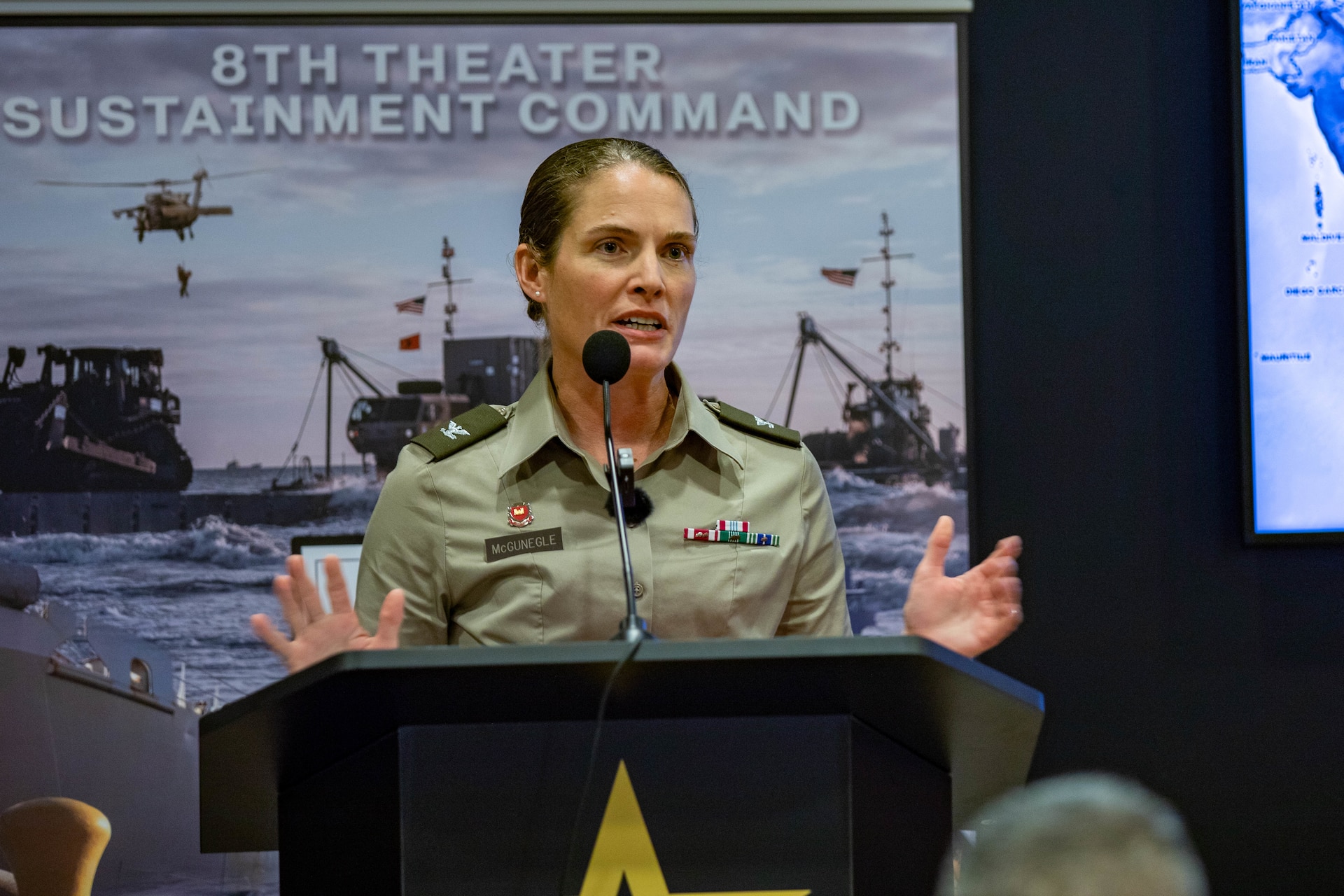 U.S. Army Col. Margaret L. McGunegle, commander of the 130th Engineer Brigade, speaks on the unique capabilities of the 130th Engineer Brigade during Land Forces Pacific Symposium 2024 Honolulu, Hawaii, May 15, 2024. LANPAC allows the military to highlight their vital role in the Pacific theater. (U.S. Army photo by Spc. Devin Davis)