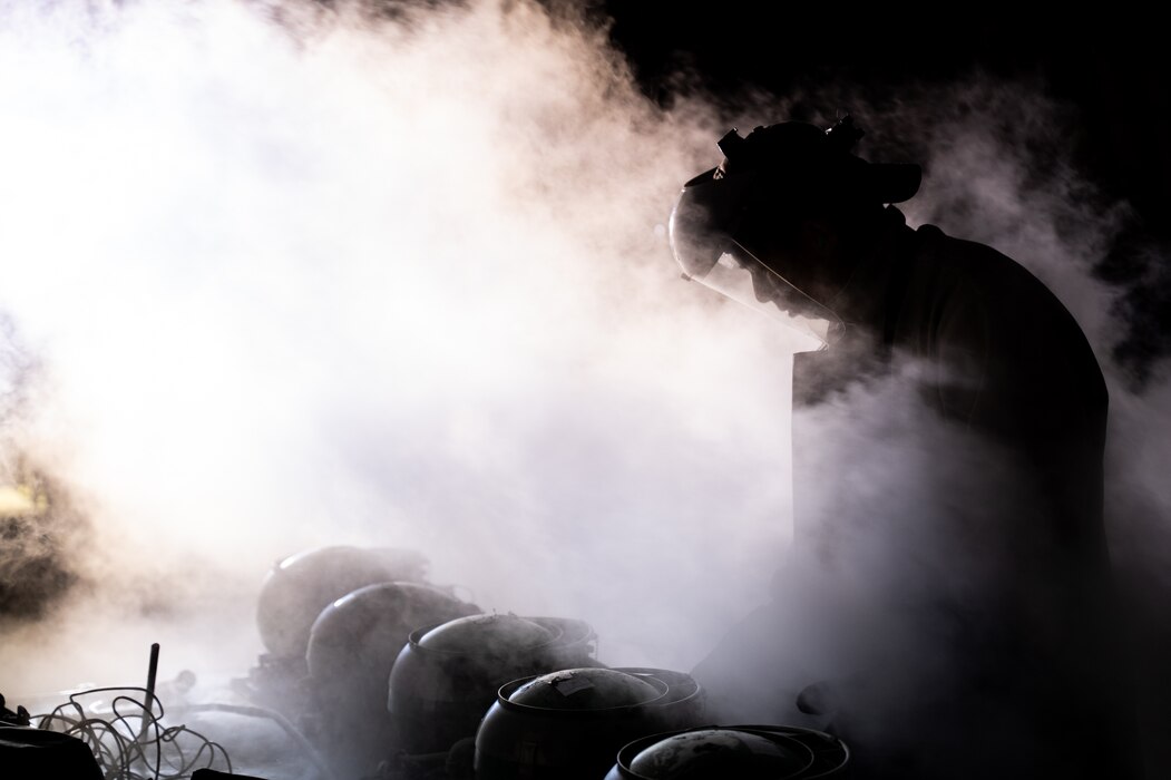 U.S. Air Force Airman 1st Class Jocel Centino, 36th Fighter Squadron crew chief, services liquid oxygen during Beverly Herd 24-1 at Osan Air Base, Republic of Korea, May 15, 2024. Liquid oxygen allows pilots to breathe at high altitudes, which enables aircrew to complete air-to-air operations. Routine training events like Beverly Herd are pivotal platforms for 51st Fighter Wing Airmen to refine their warfighting proficiencies through practical application, concurrently enhancing their ability to respond skillfully to contingencies. (U.S. Air Force photo by Tech. Sgt. Clayton Lenhardt)