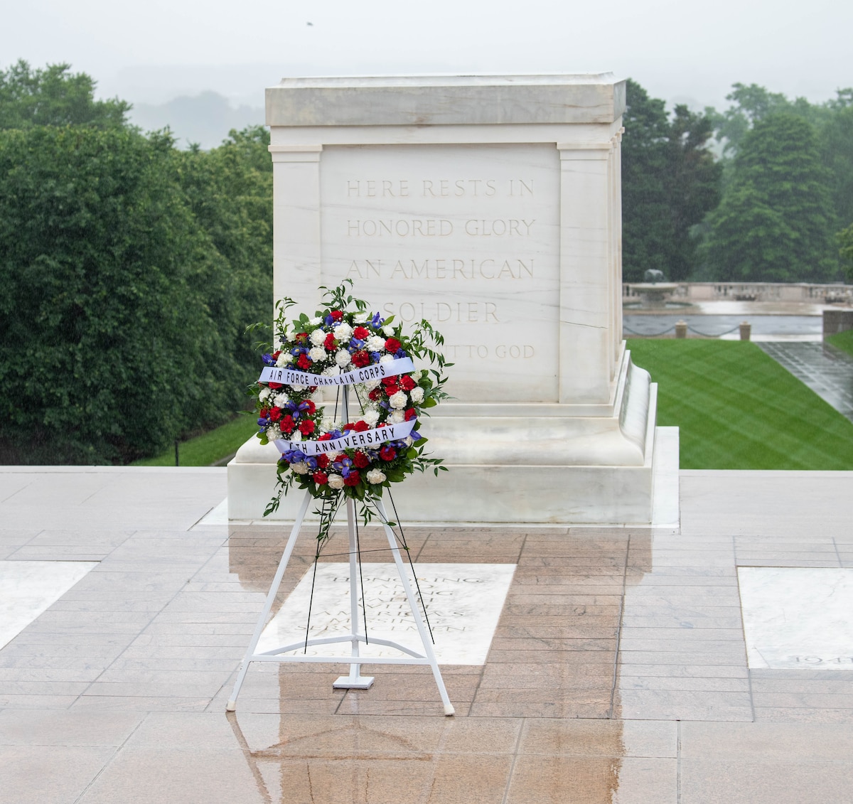 A wreath commemorating the 75th anniversary of the U.S. Air Force Chaplain Corps is displayed at the Tomb of the Unknown Soldier at Arlington National Cemetery