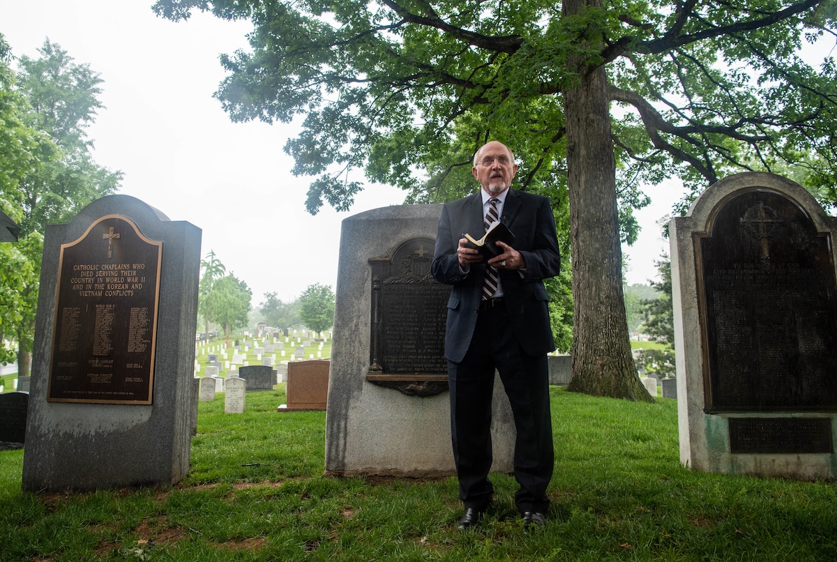 Retired Chaplain (Maj. Gen.) Charles Baldwin, former U.S. Air Force chief of chaplains, gives remarks during a commemoration of the 75th anniversary of the chaplain corps