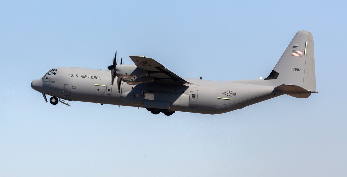 A C-130J-30 Super Hercules aircraft takes off from the runway adjacent to Lockheed Martin's Marietta, Georgia, C-130J production plant for its maiden flight, Feb. 26, 2024.