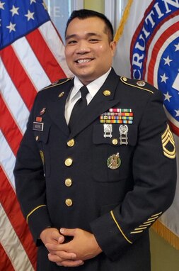 Male U.S. Army Soldier in official dress uniform poses in front of U.S.A Flag and USAREC Flag