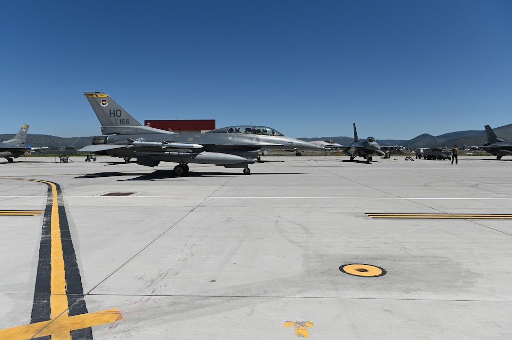 A U.S. Air Force F-16 Fighting Falcon from the 309th Fighter Squadron, out of  Luke Air Force Base, Arizona, taxis to the runway in preperation for a training mission at Kingsley Field in Klamath Falls, Oregon, May 14, 2024.