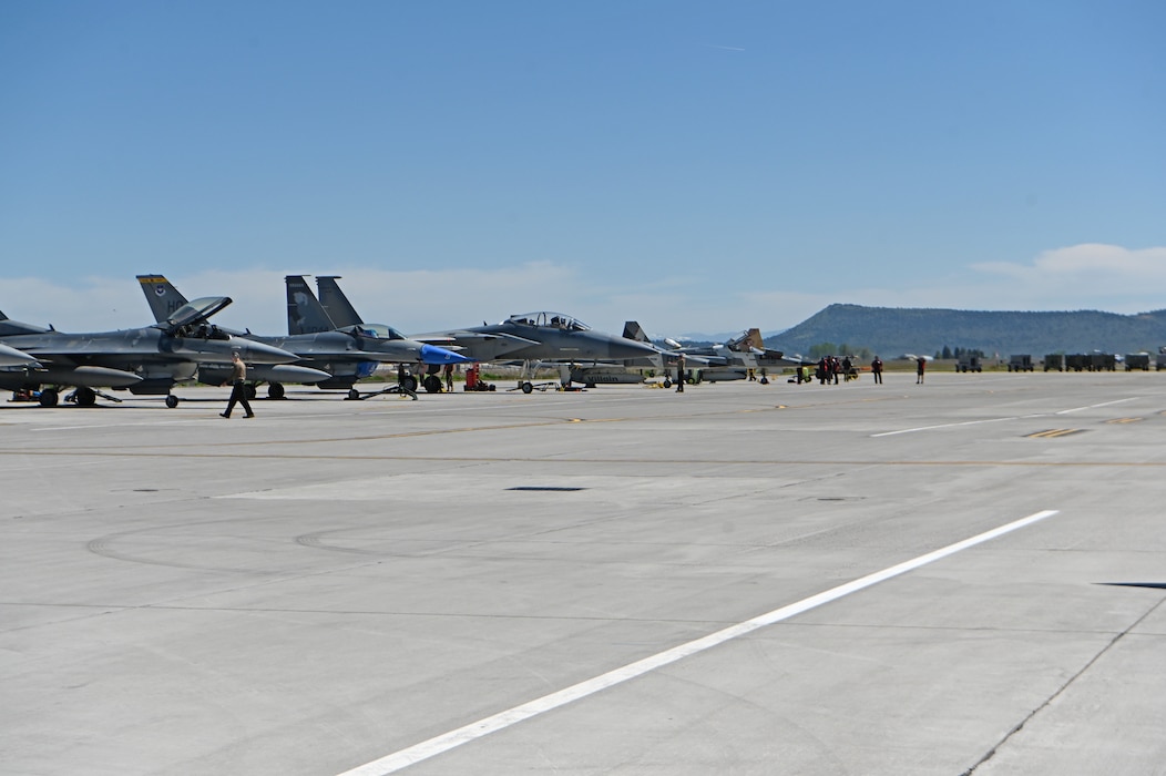 U.S. Air Force F-16 Fighting Falcons from the 309th Fighter Squadron out of  Luke Air Force Base, Arizona, prepare to launch for a training mission at Kingsley Field in Klamath Falls, Oregon, May 14, 2024.