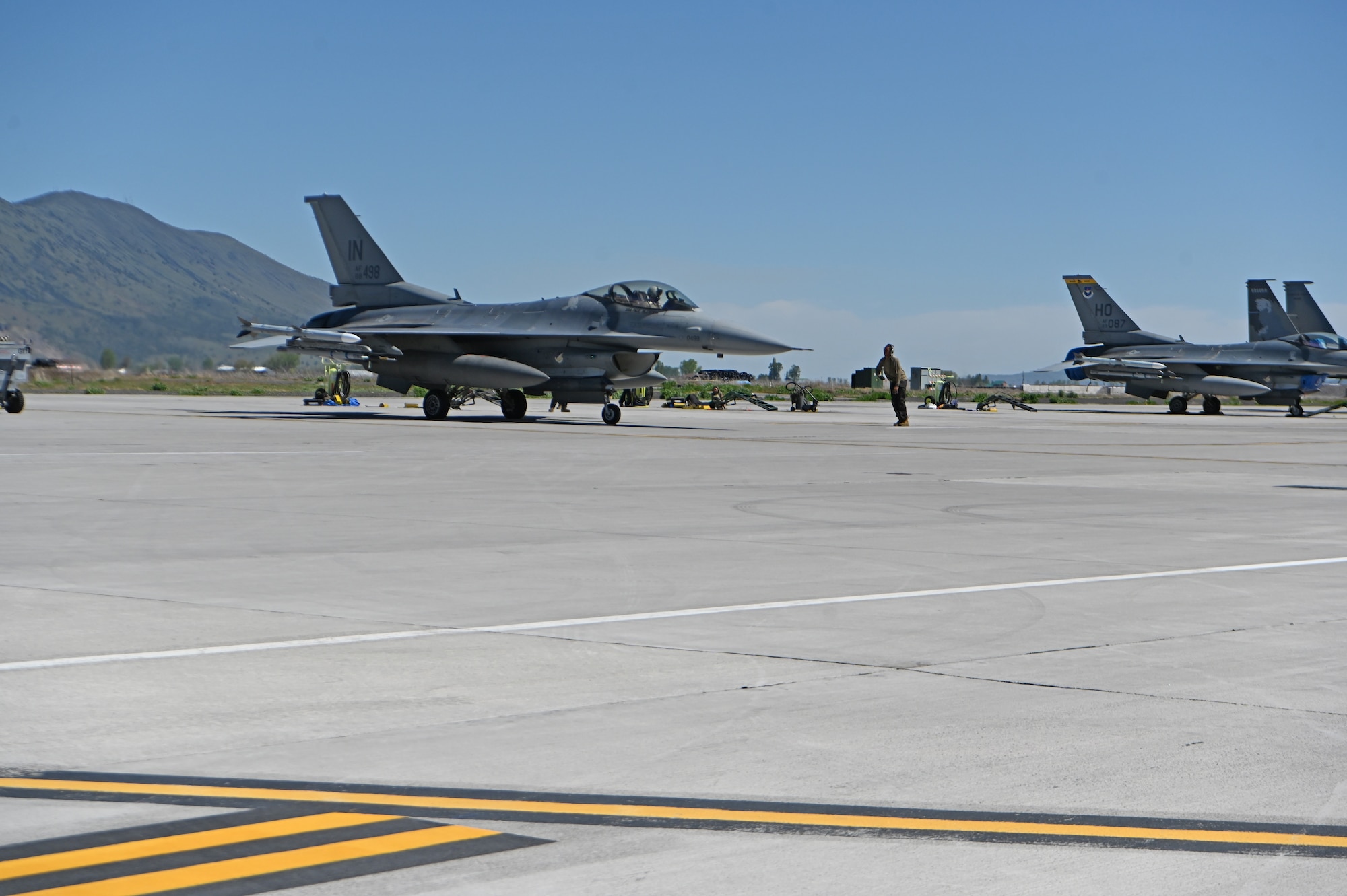 A U.S. Air Force F-16 Fighting Falcon from the 309th Fighter Squadron out of  Luke Air Force Base, Arizona, is launched out for a training mission at Kingsley Field in Klamath Falls, Oregon, May 14, 2024.