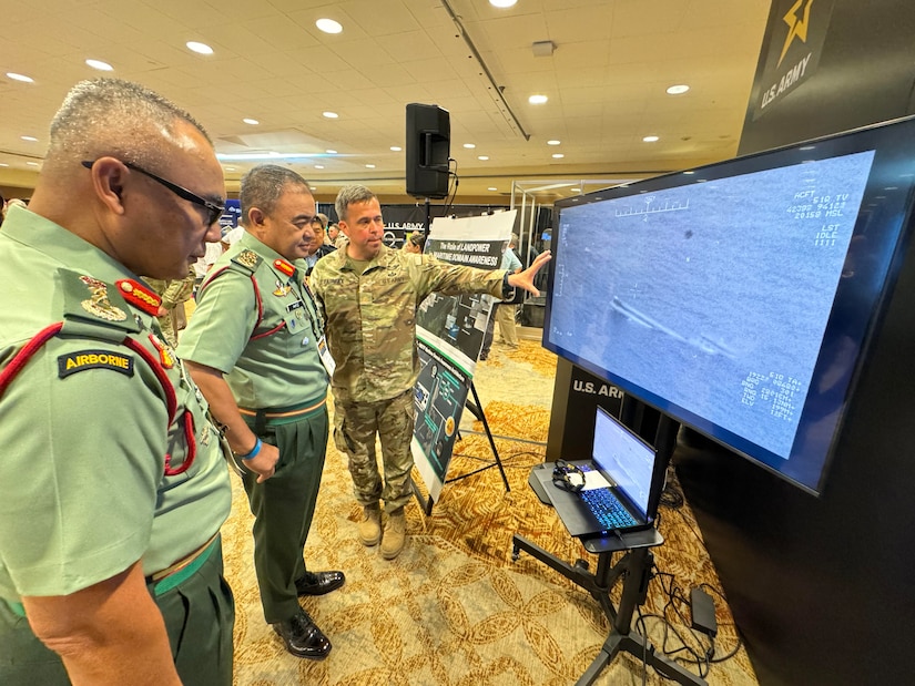 The 1st Multi-Domain Task Force (1MDTF) presented the Combined Information and Effects Fusion Cell (CIEFC) during the Commander's Corner at the Association of the United States Army (AUSA) LANPAC Symposium, Honolulu, Hawaii, May 14-16, 2024. Over three days, 1MDTF showcased the CIEFC's capabilities to a global audience of military professionals, industry leaders, and subject matter experts.  (U.S. Army photo by Staff Sgt. Brandon Rickert)