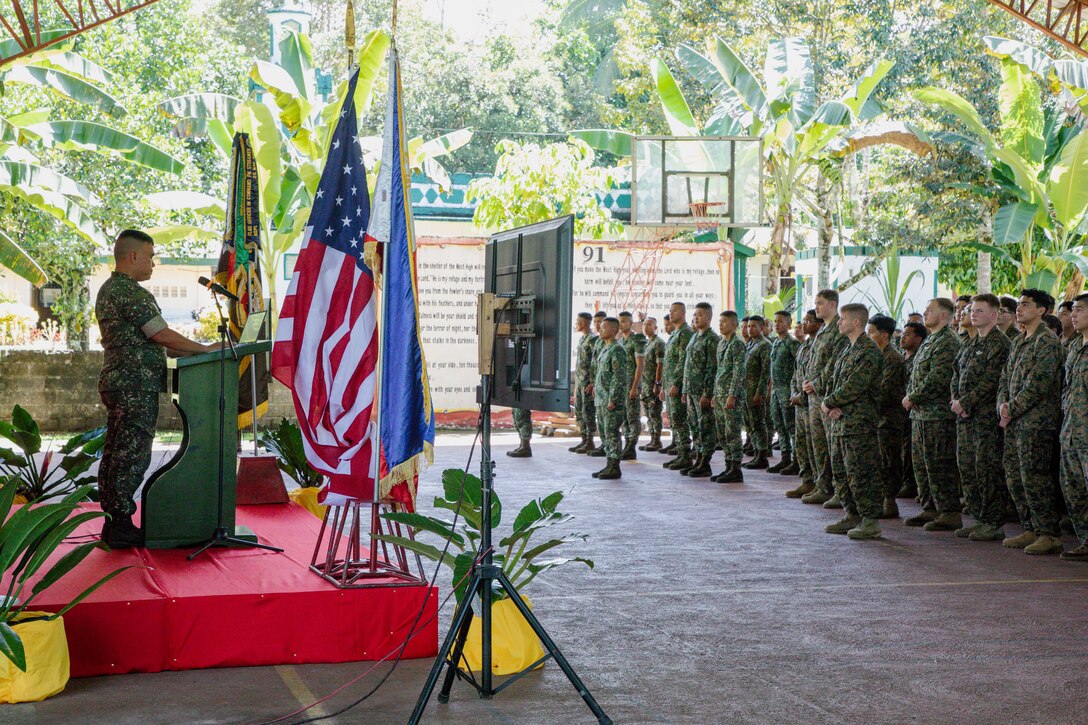 Philippine Marine Corps Maj. Victor Donque, operations officer for 1st Marine Brigade, delivers an orientation brief for U.S. Marines with 1st Battalion, 7th Marine Regiment, 1st Marine Division, and Philippine Marines with 1st Marine Brigade during Archipelagic Coastal Defense Continuum in Barira, Philippines, May 13, 2024. ACDC is a series of bilateral exchanges and training opportunities between U.S. Marines and Philippine Marines aimed at bolstering the Philippine Marine Corps’ Coastal Defense strategy while supporting the modernization efforts of the Armed Forces of the Philippines. (U.S. Marine Corps photo by Cpl. Kayla Halloran)