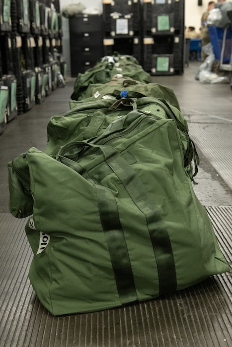 Mobility bags are lined up ready for issue.