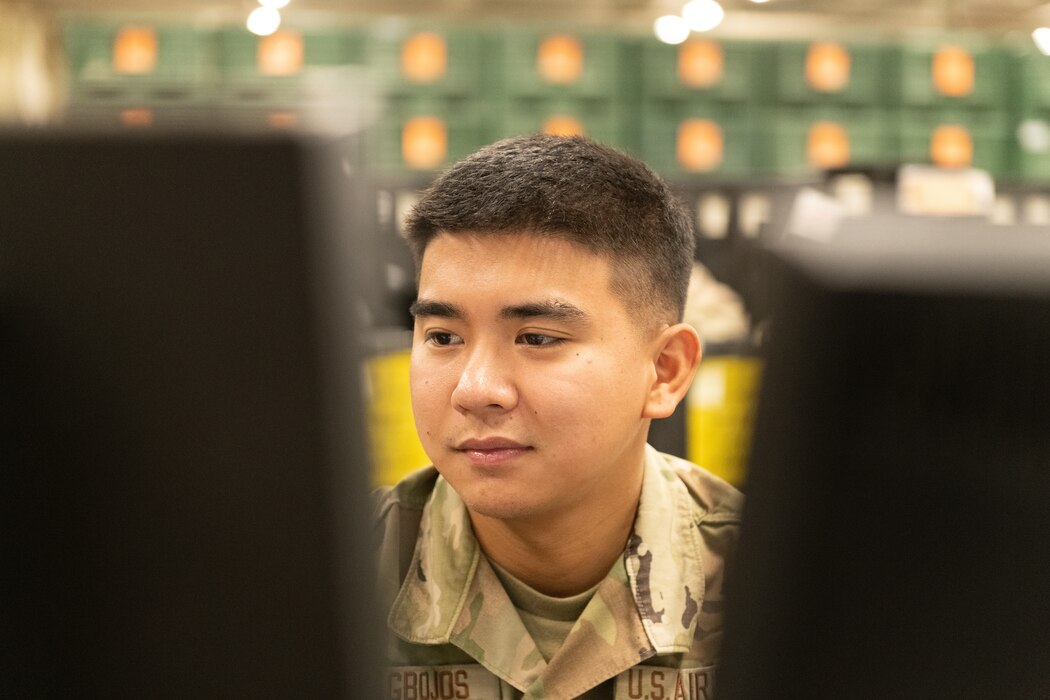 A U.S. Airman looks at a computer screen