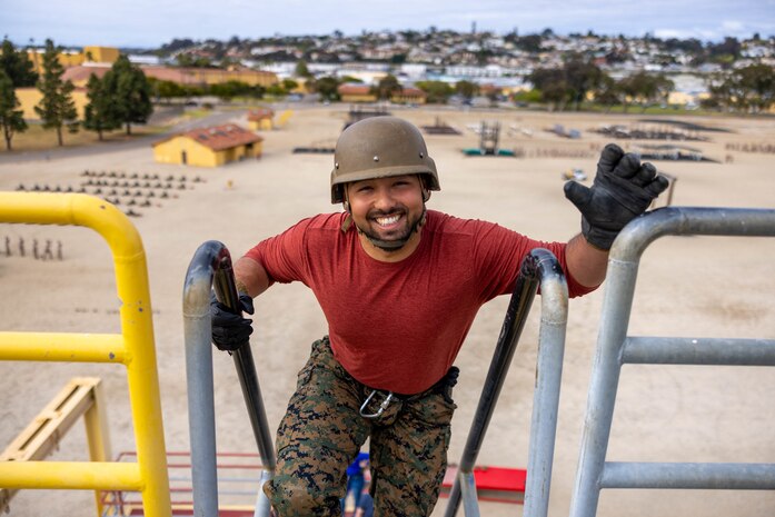 Adnan Al-Amami, a teacher at Althoff Catholic High School, Belleville, Ill., makes his ascent to the top of the rappel tower during an Educators’ Workshop at Marine Corps Recruit Depot San Diego, Calif., April 25, 2024. Educators with Recruiting Stations Chicago, St. Louis, and Kansas City attended EWS, which is designed to inform high school/college educators, community leaders, and communication professionals about the commitment and benefits of service in the U.S. Marine Corps. (U.S. Marine Corps photo by Sgt. Reagan E. Anderson)