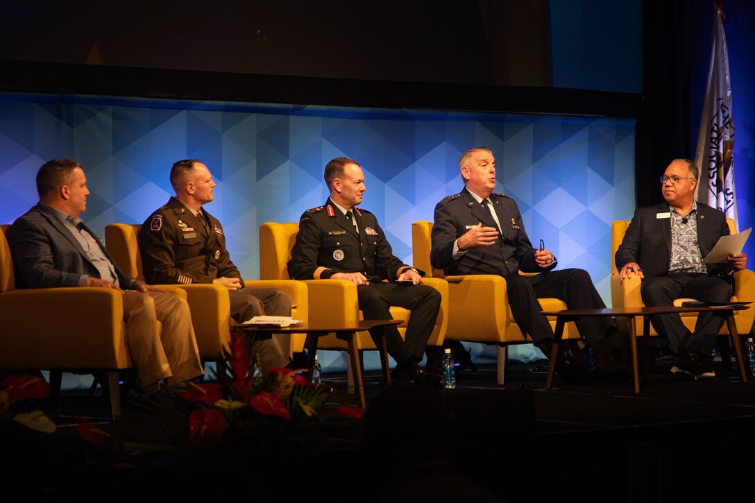 Panel members discuss the importance of creating and maintaining joint interior lines during the Land Forces Pacific Symposium and Exhibition, May 16, 2024, in Honolulu, Hawaii. Joint Interior Lines is the Theater Army building forward positions to create enduring  advantage, operational reach, and operational endurance for the joint force. (U.S. Army photo by Sgt. Johanna Pullum)