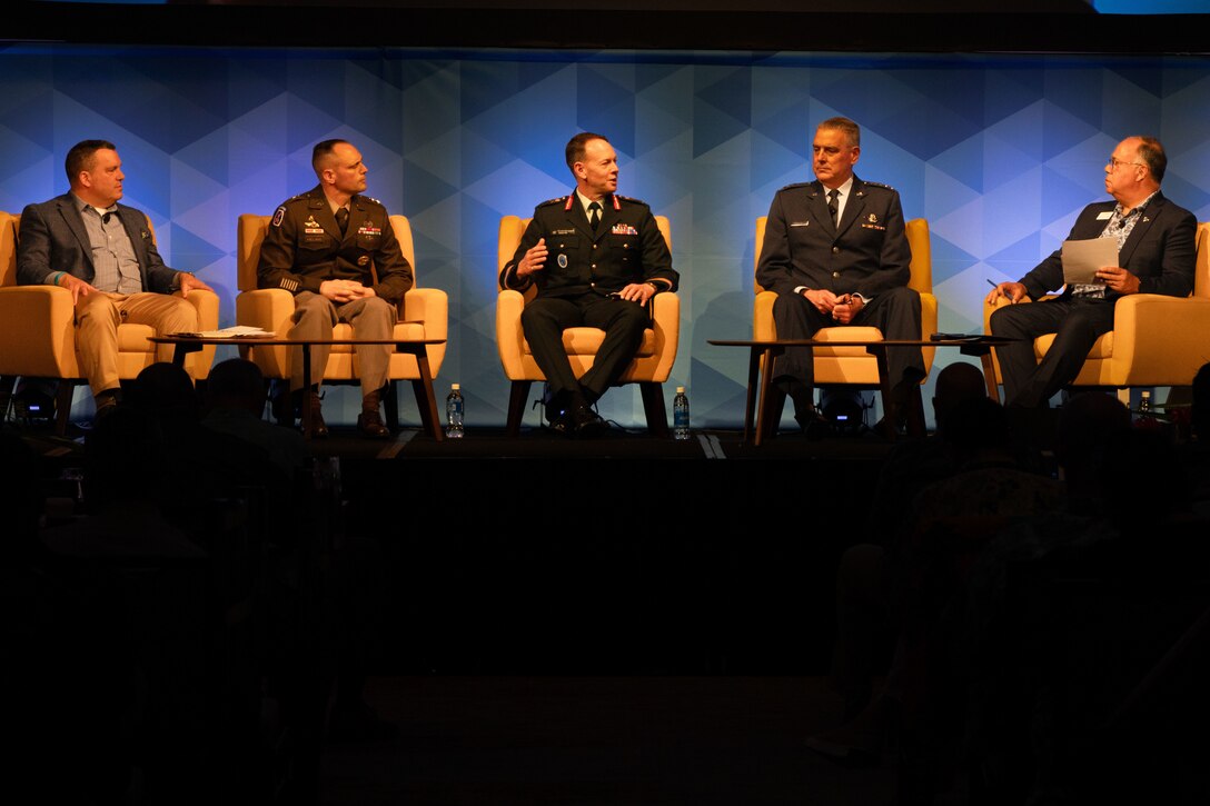 Panel members discuss the importance of creating and maintaining joint interior lines during the Land Forces Pacific Symposium and Exhibition, May 16, 2024, in Honolulu, Hawaii. Joint Interior Lines is the Theater Army building forward positions to create enduring  advantage, operational reach, and operational endurance for the joint force. (U.S. Army photo by Sgt. Johanna Pullum)