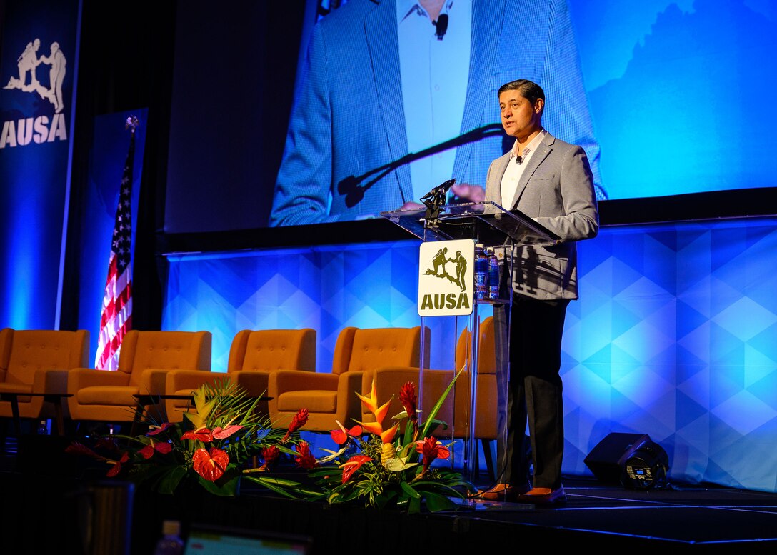 Deputy Under Secretary of the Army Mario Diaz presents keynote remarks at the Landpower in the Pacific conference in Waikiki, Hawaii, May 14, 2024.  The conference, hosted by the Association of the U.S. Army, brings together representatives from armies from across the Indo-Pacific for leader development and professional discussion.