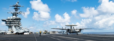 (May 13, 2024) An E-2D Hawkeye, assigned to the “Liberty Bells” of Carrier Airborne Early Warning Squadron (VAW) 115, launches off the flight deck of the Nimitz-class aircraft carrier USS Theodore Roosevelt (CVN 71) during a VAW-115 change of...