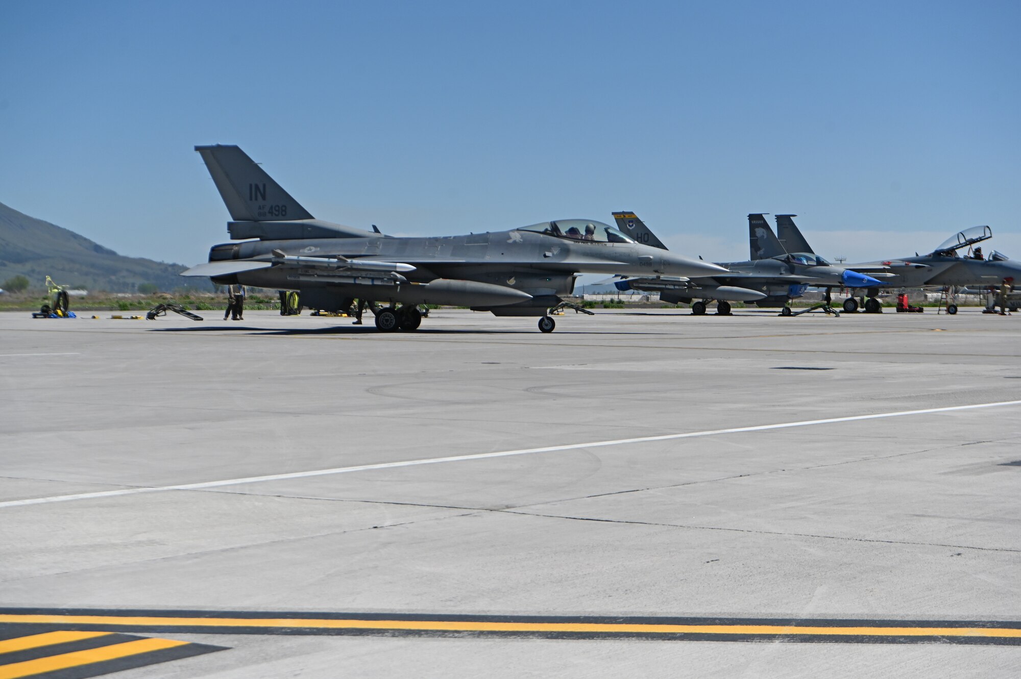 A U.S. Air Force F-16 Fighting Falcon from the 309th Fighter Squadron out of  Luke Air Force Base, Arizona, is launched out for a training mission at Kingsley Field in Klamath Falls, Oregon, May 14, 2024.