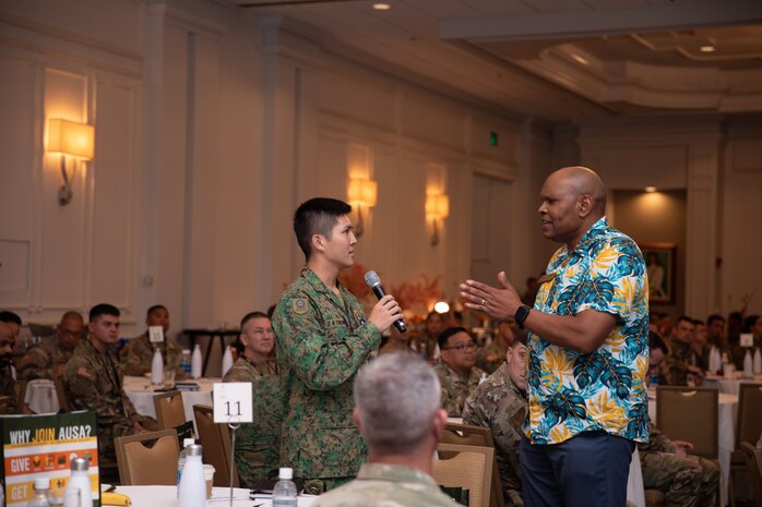 Lt. Gen. (Retired) Leslie C. Smith talks about patience, kindness, how to solve problems and the importance of see the Army as a profession and sense of purpose during the Leadership Forum at Honolulu, HI., on May 14, 2024. He asked Capt. Zhi Bing Cheong from the Singapore Army to share opinions about patience.

The LANPAC Leadership Forum professionally develops and inspires leaders, showcases USARPAC subordinate units, and engages both allies and partners across the USINDOPACOM area of responsibility.



(U.S. Army photo by Staff Sgt. Carolina Sierra)