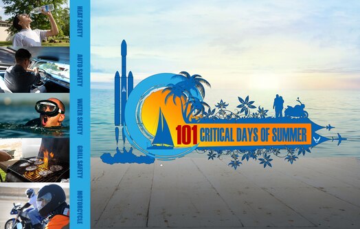  101 Critical Days of Summer written on a background of palm trees, a couple, a motorcycle, 2 aircraft taking off to the right of the words, a sailboat at sunset on the left, and a rocket taking off to the far left.