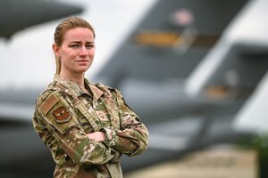 Senior Master Sgt. Maranda Jordan, the superintendent of the 911th Maintenance group stands on the Pittsburgh International Airport Air Reserve Station flightline, May 14, 2024. Before becoming a maintenance management analyst in the Reserve, Jordan was an air transportation specialist in active duty. (U.S. Air Force photo by Master Sgt. Jeffrey Grossi)