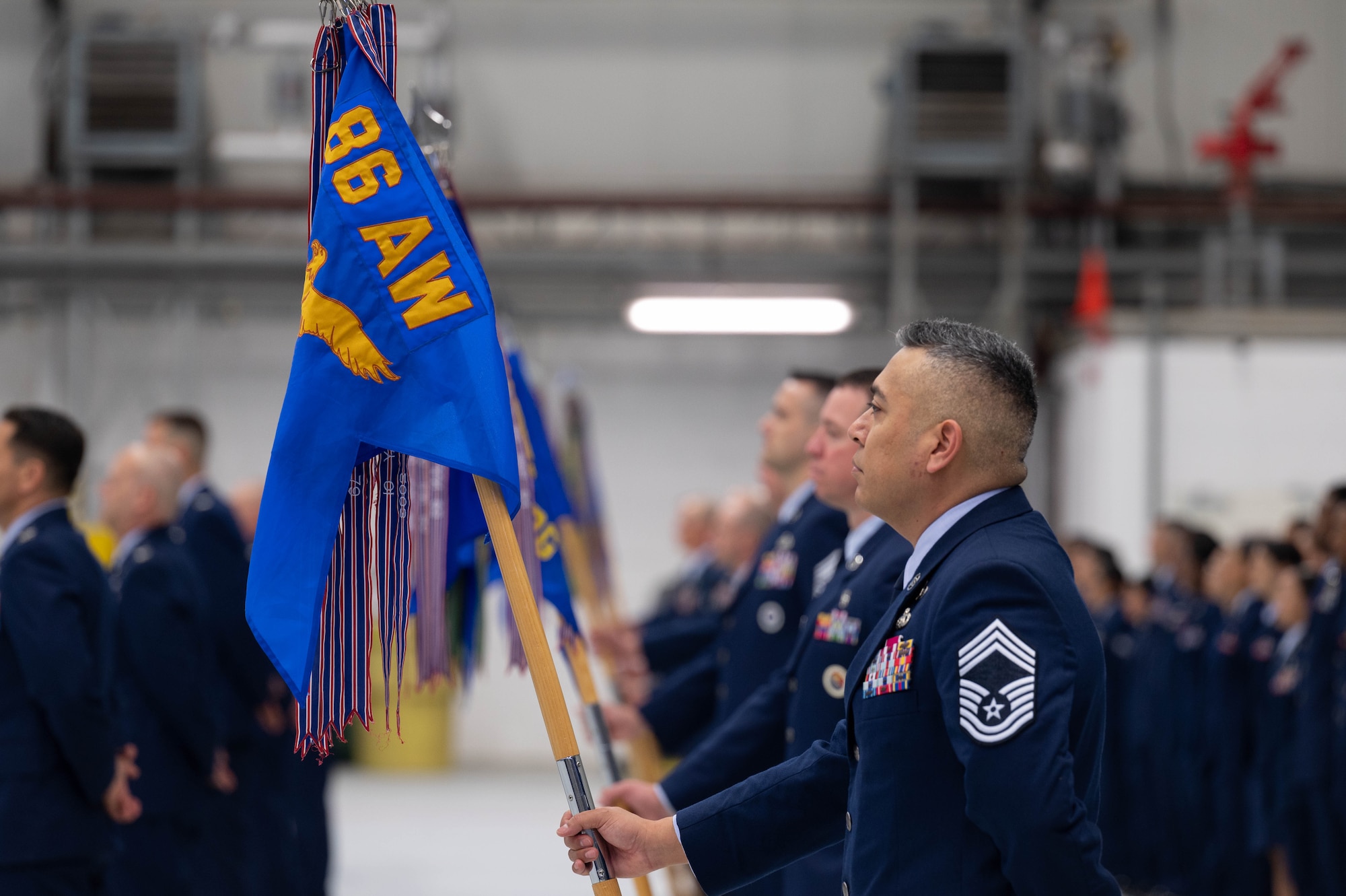 Airmen stand in formation during a ceremony
