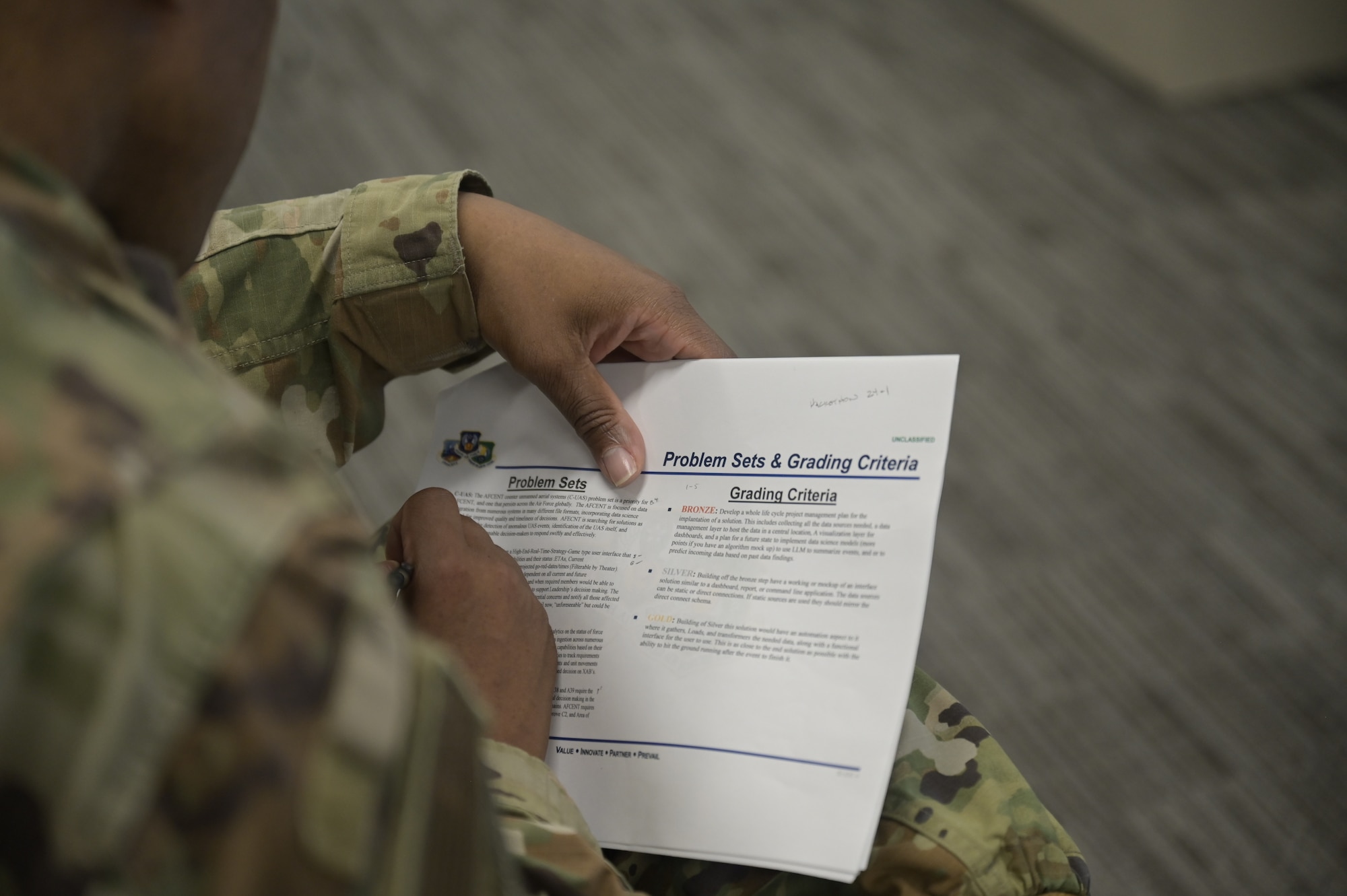 Lt. Col. Chaz LeDeatte, 9th Air Force (Air Forces Central) deputy chief of staff and chief technology and data officer, annotates notes during the Command Technology and Data Office (CTDO) Battle Lab Hack-a-thon event, May 3, 2024, at Shaw Air Force Base, S.C. The AFCENT ‘Battle Lab’ premiered a data centric, week-long event focused on warfighting solutions for problem sets within the CENTCOM area of responsibility. The teams were ranked by a panel of judges for their efforts to analyze data and provide solutions with real world applications. (U.S. Air Force photo by Staff Sgt. Adriana Barrientos)