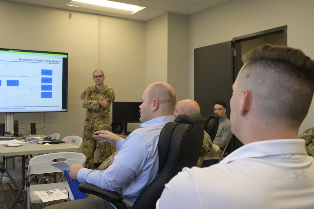 Members of the Command Technology and Data Office (CTDO) team from 9th Air Force (Air Forces Central)’s ‘Battle lab’ discuss ideas during a Hack-a-thon event, May 3, 2024, at Shaw Air Force Base, S.C. The AFCENT ‘Battle Lab’ premiered a data centric, week-long event focused on warfighting solutions for problem sets within the CENTCOM area of responsibility. (U.S. Air Force photo by Staff Sgt. Adriana Barrientos)