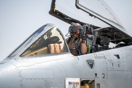 U.S. Air Force A-10 Thunderbolt IIs from the 104th Fighter Squadron, assigned to the Maryland Air National Guard, and support personnel participated in Desert Flag 2024 May 9, 2024. The exercise included 10 countries and 12 separate airframes to build upon a cohesive fighting force in the defense of the Arabian Peninsula.