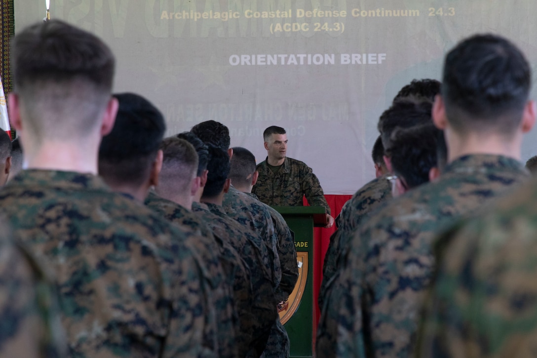 U.S. Marine Corps Maj. Robert Wallace, executive officer for 1st Battalion, 7th Marine Regiment, 1st Marine Division, speaks at an orientation brief during Archipelagic Coastal Defense Continuum in Barira, Philippines, May 13, 2024. ACDC is a series of bilateral exchanges and training opportunities between U.S. Marines and Philippine Marines aimed at bolstering the Philippine Marine Corps’ Coastal Defense strategy while supporting the modernization efforts of the Armed Forces of the Philippines. (U.S. Marine Corps photo by Cpl. Kayla Halloran)
