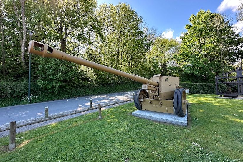 A cannon is parked outside on a grassy area.