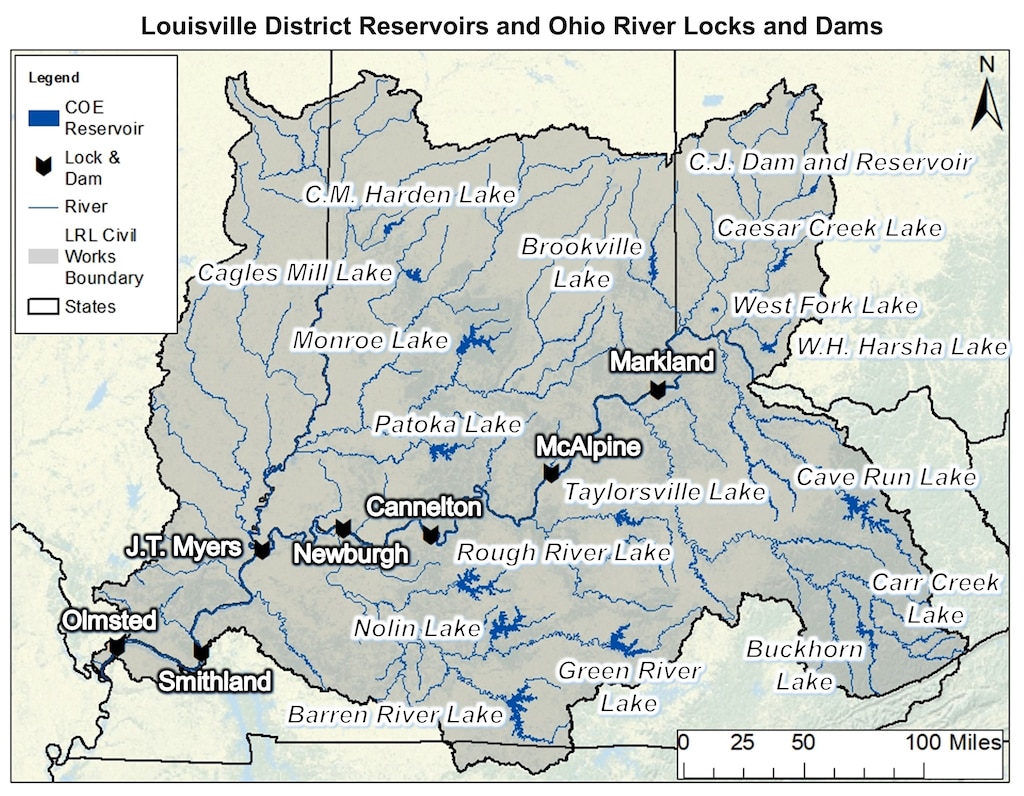 A map depicting the Louisville District's area of responsibility for water quality.