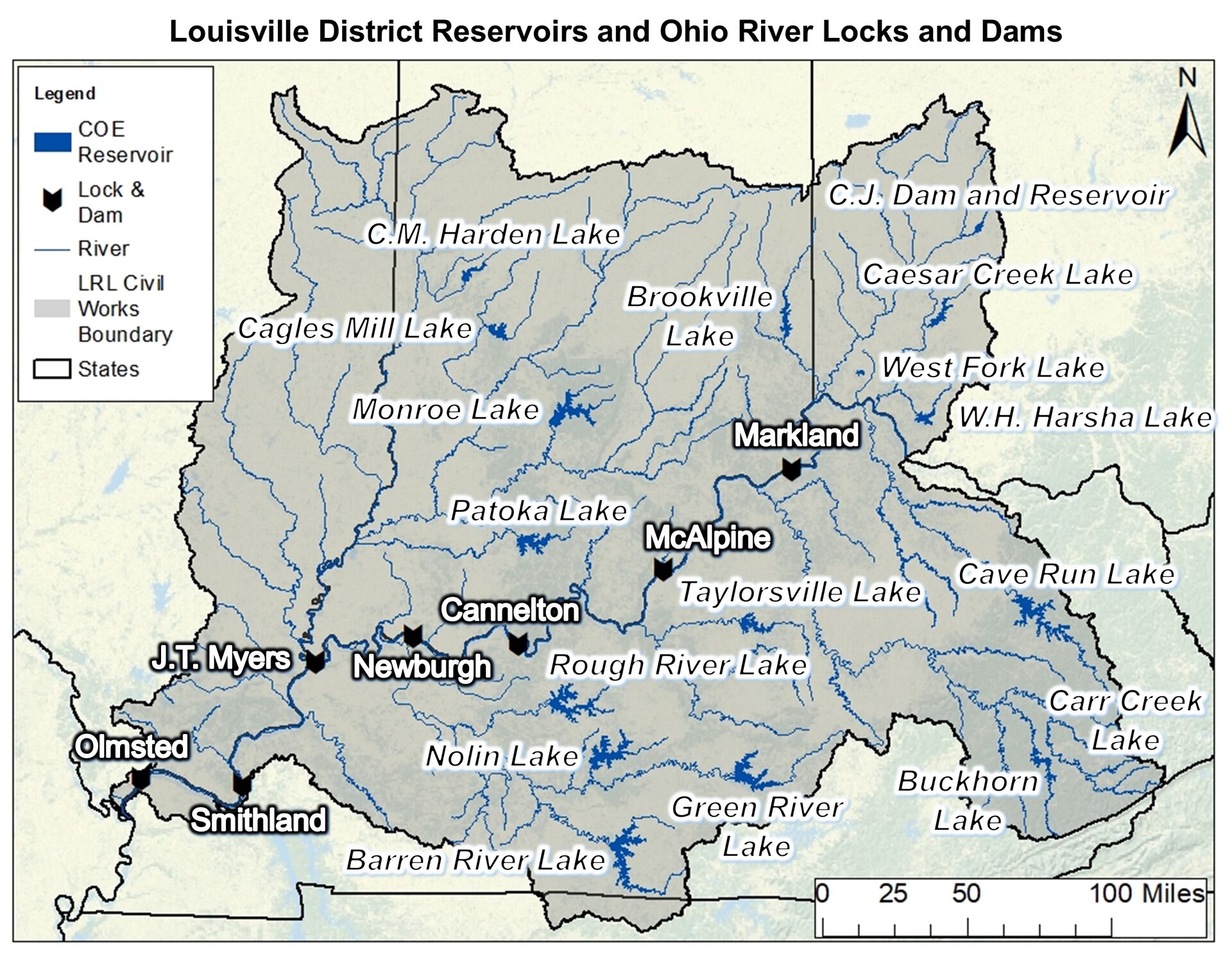 A map depicting the Louisville District's area of responsibility for water quality.
