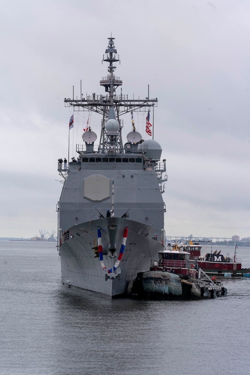 The guided-missile cruiser USS Leyte Gulf (CG 55) returns to Naval Station Norfolk, May 17, 2024, marking their final deployment