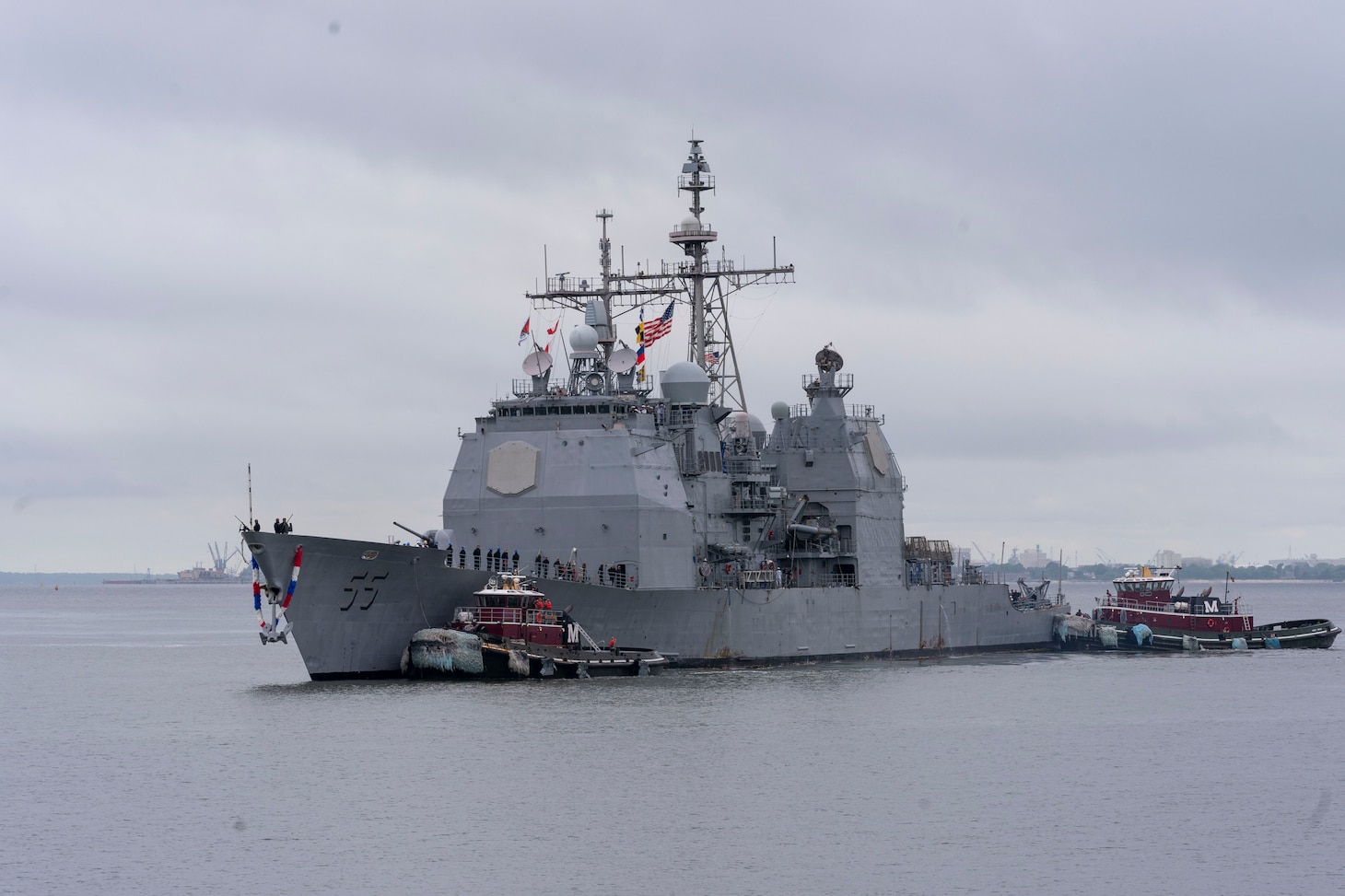 The guided-missile cruiser USS Leyte Gulf (CG 55) returns to Naval Station Norfolk, May 17, 2024, marking their final deployment