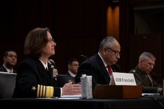 Chief of Naval Operations Adm. Lisa Franchetti, Secretary of the Navy Carlos Del Toro, and Commandant of the Marine Corps Eric Smith provide testimony at a Senate Armed Services Committee hearing on the Department of the Navy fiscal year 2025 budget request at the Dirksen Senate Office Building, Washington, D.C., May 16, 2024. (U.S. Navy photo by Chief Mass Communication Specialist Amanda R. Gray)