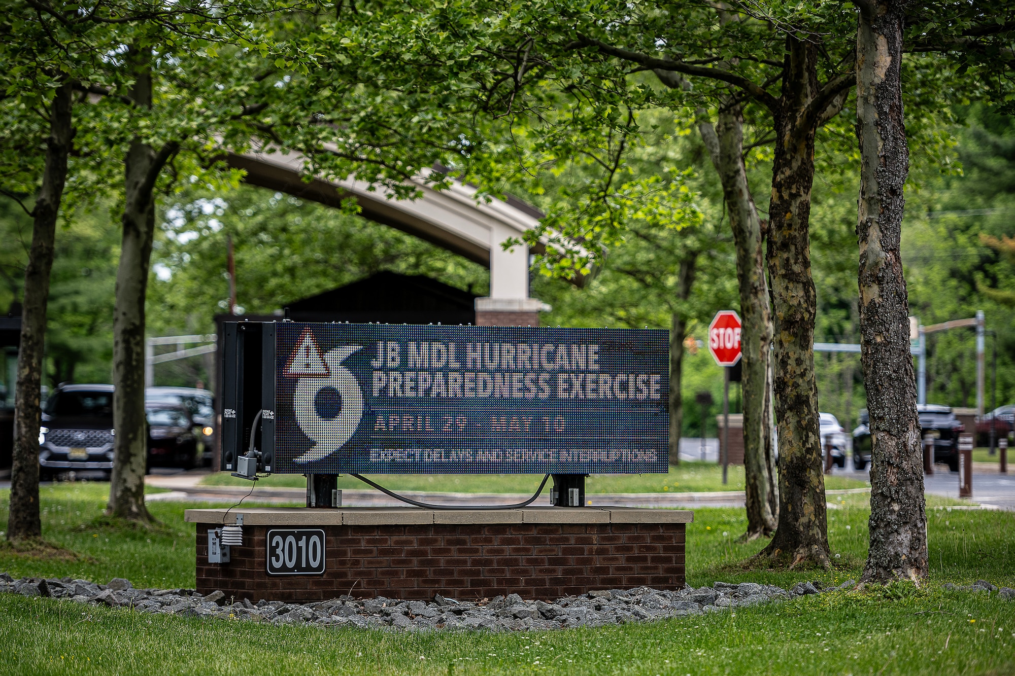A hurricane preparedness graphic is displayed on a marquee during an exercise at Joint Base McGuire-Dix-Lakehurst, N.J., May 9, 2024. The two-week long hurricane exercise, or HUREX, aimed at reinforcing and enhancing security and preparedness, which allows for unified in-depth planning for potential disasters in the future. (U.S. Air Force photo by Staff Sgt. Austin Knox)