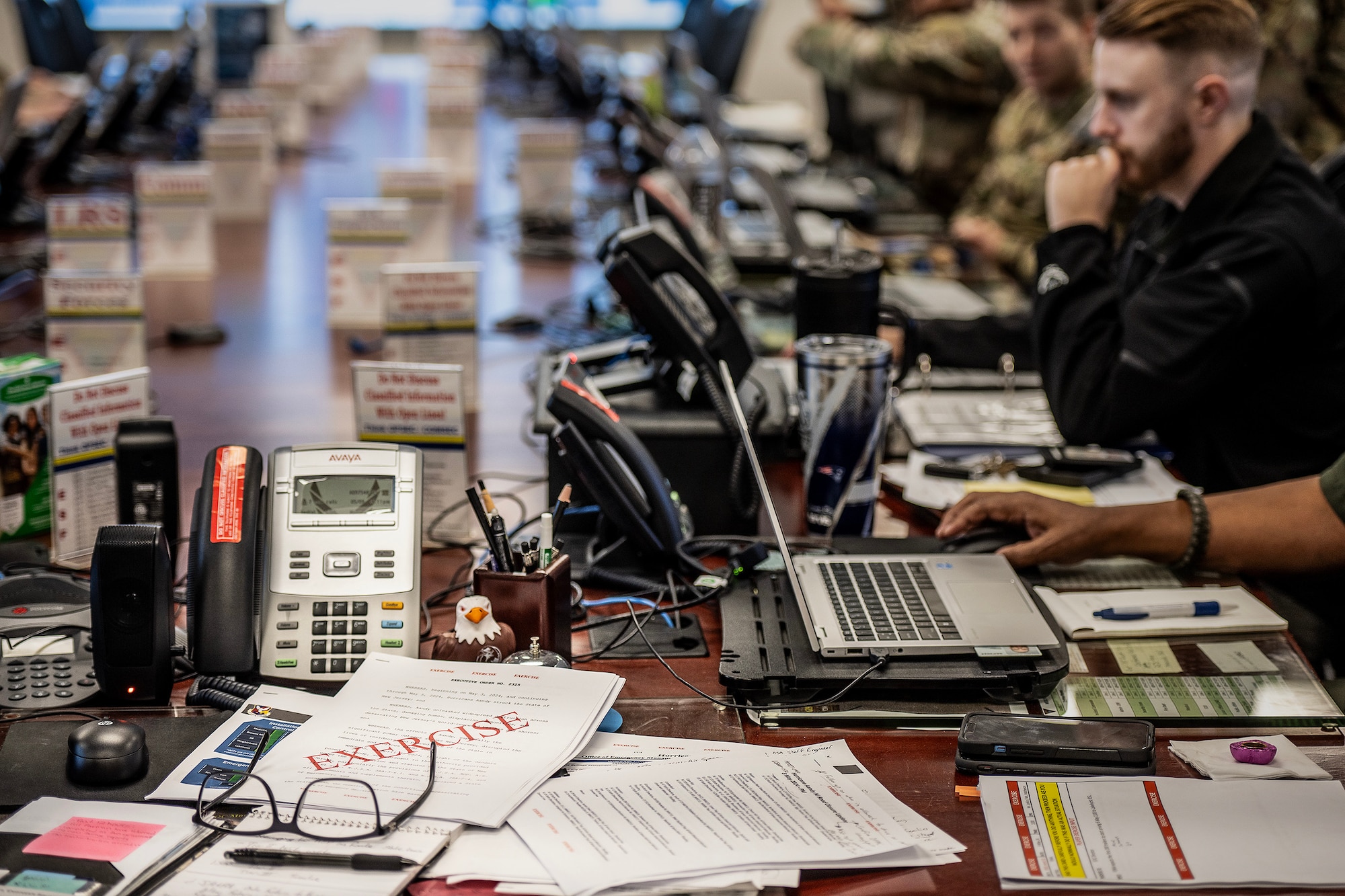 Members across Joint Base McGuire-Dix-Lakehurst, N.J., participate in a deep-dive hurricane preparedness exercise, April 29-May 10, 2024. Participants in the Emergency Operations Center engaged in simulated exercises, discussions, and checklist evaluations to identify avenues for enhancing resilience against future hurricanes. (U.S. Air Force photo by Staff Sgt. Austin Knox)