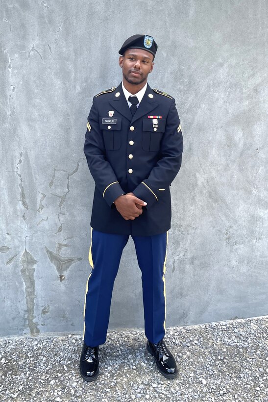 U.S. Army Sgt Ashon Calhoun, a public affairs specialist with the 109th Mobile Public Affairs Detachment, 213 Regional Support Group, Pennsylvania National Guard, poses for a photo after graduating from U.S. Army Basic Leadership Course.at Fort Indiantown Gap, Pennsylvania, November 8, 2022. He was promoted to sergeant during his time in training and graduated in the top 20% of his class. (Courtesy Photo by Sgt. Ashon Calhoun)
