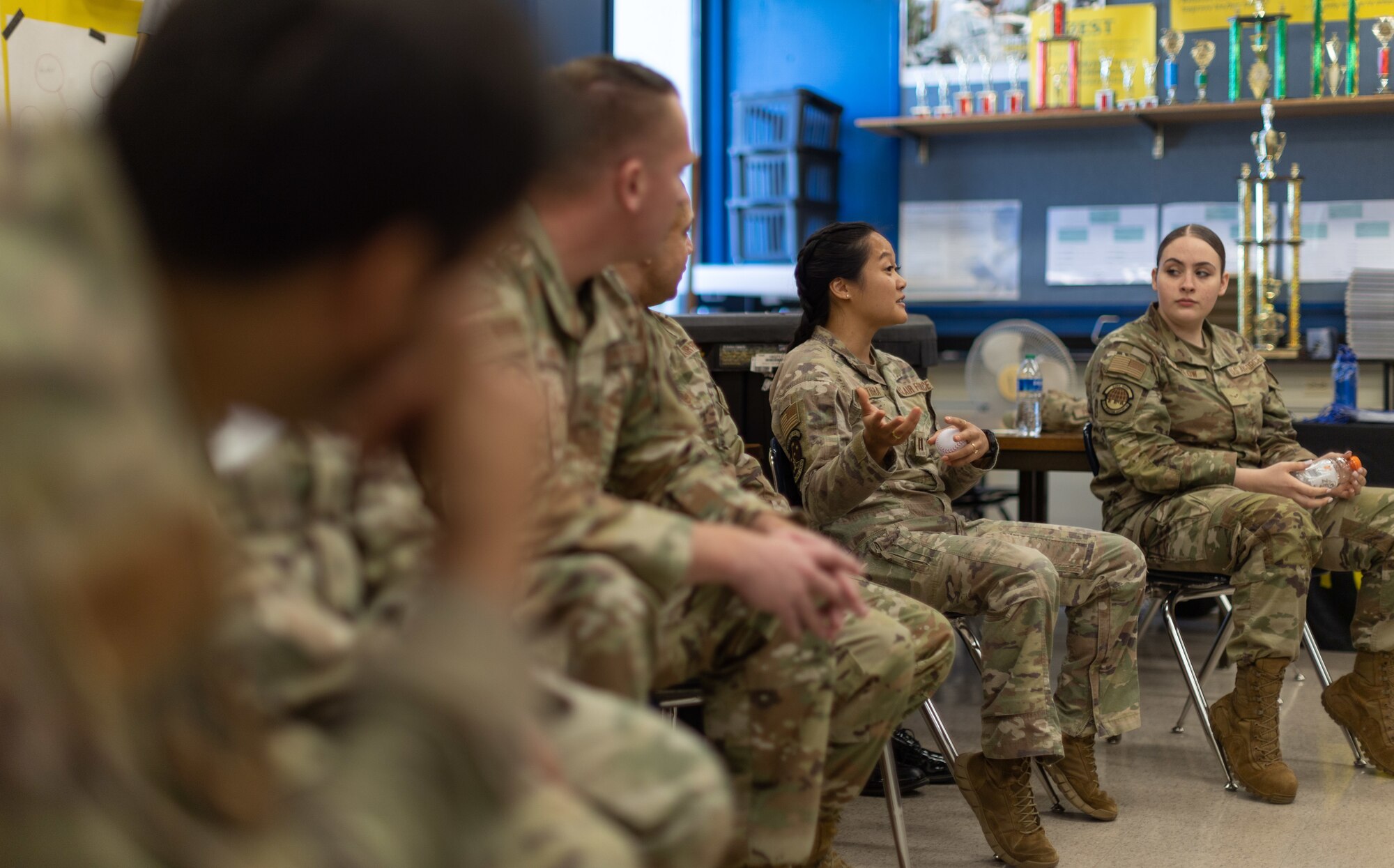Airmen from Air Mobility Command and Joint Base McGuire-Dix-Lakehurst speak with Alaska high school students in Anchorage, Alaska May 14, 2024. Teams from AMC and JBMDL traveled to Alaska with the Indigenous Nations Equality Team to remove barriers and improve outreach, recruitment and retention. (U.S. Air Force photo by Chris Bishop)