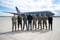 Cabo Verde military leaders pose for a picture with Airmen from the 157th Air Refueling Wing at Pease Air National Guard Base, New Hampshire, May 9, 2024. The State Partnership Program exchange enabled Cabo Verde leaders to learn more about the wing's mission and where the partners can work together as Cabo Verde explores a military aviation program.