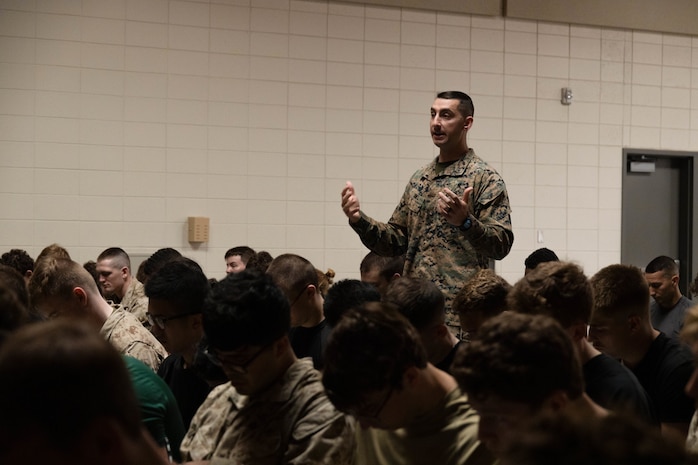 9th Marine Corps District Officer Candidates, participated in the 9th Marine Corps District Mini Officer Candidate School, at Camp Dodge Iowa, April 2, 2024. During Mini OCS officer candidates prepared mentally and physically for the rigors of OCS by completing physical fitness iterations, leadership reaction courses, confidence courses, land navigation, and Marine Corps knowledge classes. (U.S. Marine Corps photo by Cpl. Collette Hagen)