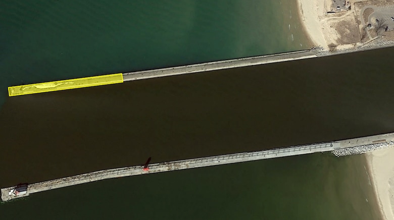 The Grand Haven North Pier will be closed to pedestrian and fishing traffic for about 200 feet from the end. This graphic illustration shows the closed area in yellow. (U.S. Army Corps of Engineers graphic illustration by Conor Crennell)