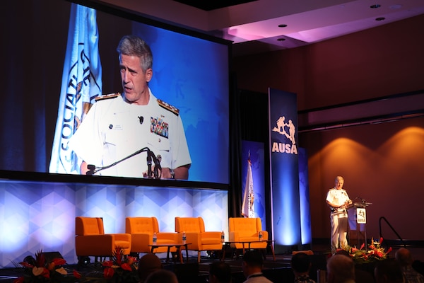 Adm. Stephen T. "Web" Koehler, commander, United States Pacific Fleet provides insight on the significance of joint force and multi-domain operations at the 11th Annual Land Forces Pacific Symposium and Exposition (LANPAC) in Honolulu, Hawaii, May 15, 2024. LANPAC provides the opportunity to engage with partners and Allies, which enhances regional security and stability. (U.S. Army photo by Spc. Taylor Gray)