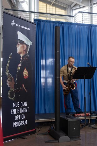 U.S. Marine Corps Capt. Randel Metzinger, a band officer in the San Diego Marine Corps Jazz Ensemble, performs during a Northern California Band Association competition at Inderkum High School in Sacramento, Calif., April 27, 2024. The San Diego Jazz Ensemble attended the competition to perform, show support for local musicians and bolster knowledge of the Marine Corps Musician Enlistment Option Program. (U.S. Marine Corps photo by Sgt. Ryan Harvey)
